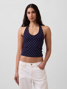 GAP Close Knit Navy Polka Dot Halter Tank Top